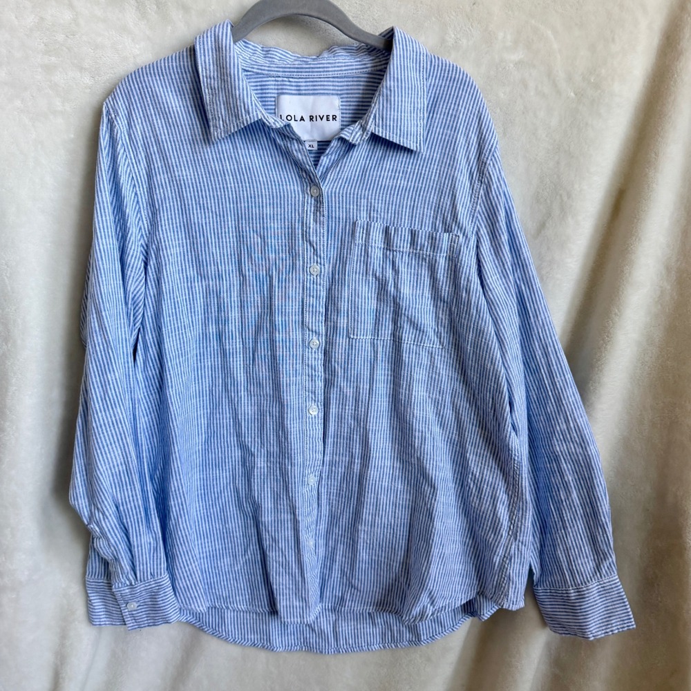 Lola River Blue White Striped Button Down Shirt Size XL Hi Low Hem Cotton Top